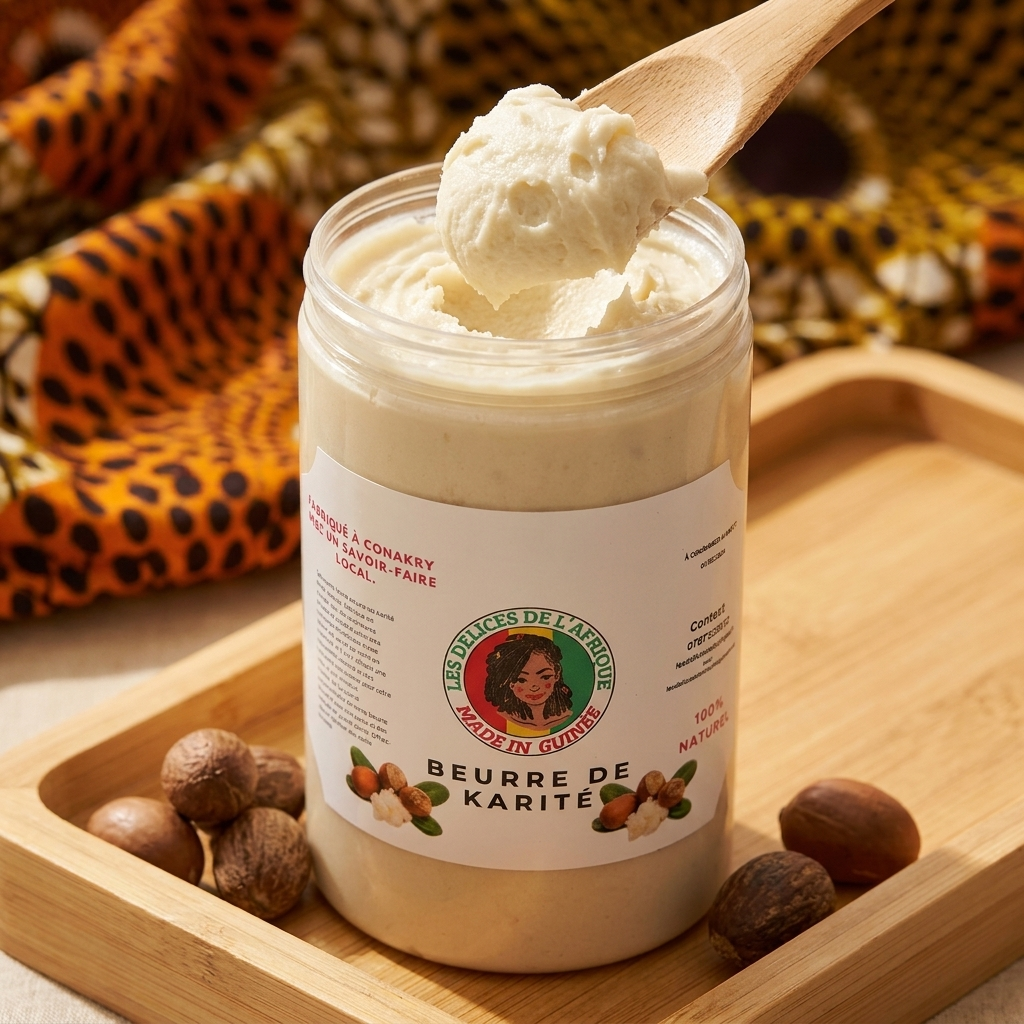 Beurre de karité pur de Guinée 350g - texture fouettée onctueuse, pot ouvert avec spatule en bois