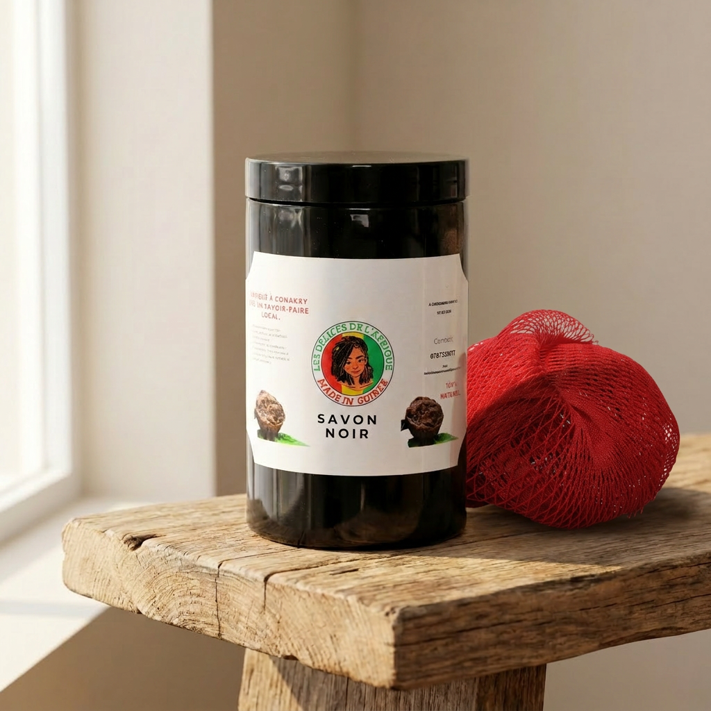 Savon noir artisanal de Guinée 450g avec éponge exfoliante africaine sur planche en bois