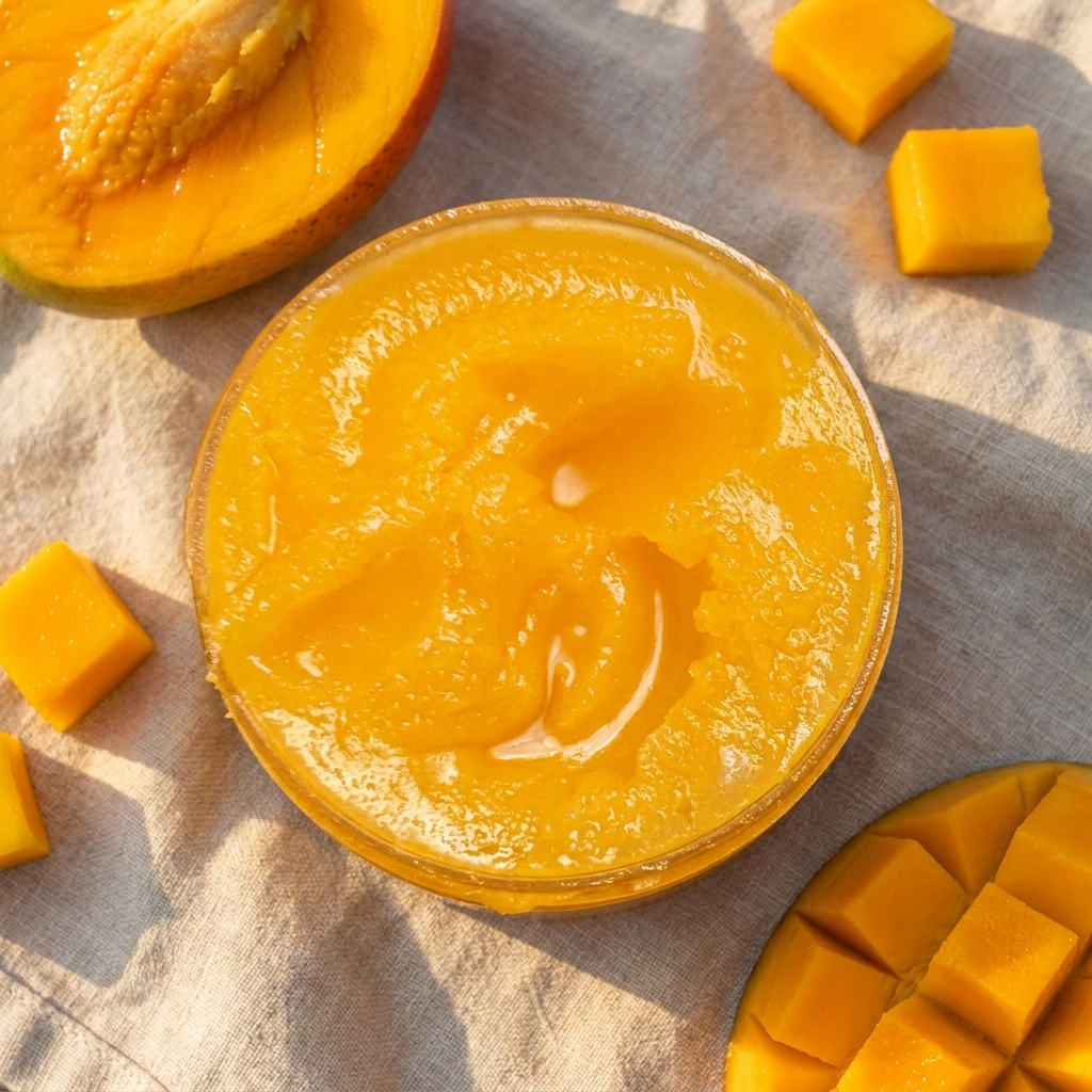 Beurre de mangue pur de Guinée — texture fondante orange dorée avec mangue fraîche