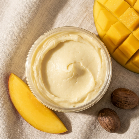 Beurre de karité et mangue de Guinée — texture crème fouettée avec mangue et noix de karité